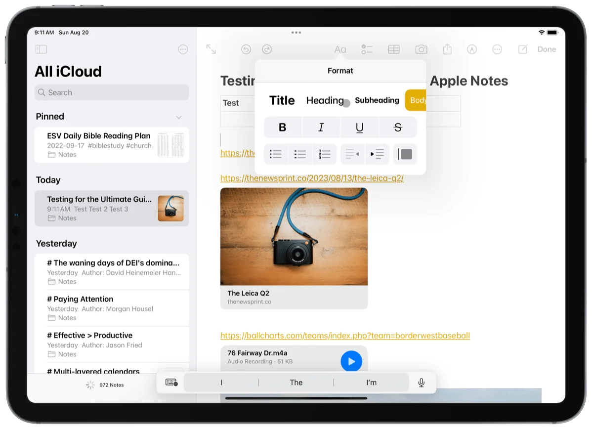 Apple Notes app showing clean interface with handwriting and document scanning