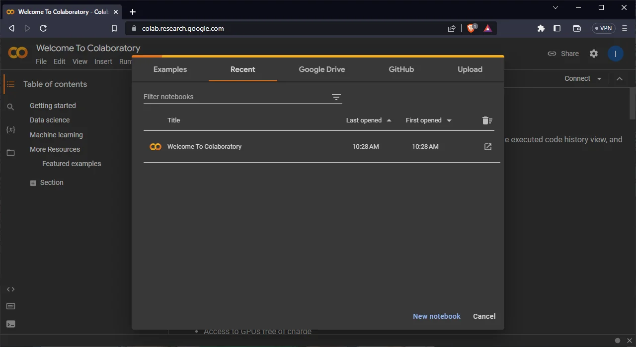 Google Colab notebook interface running Python code with a free Tesla T4 GPU runtime