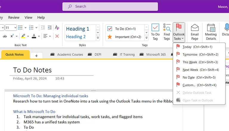 Microsoft OneNote interface showing notebooks, sections, and handwritten notes