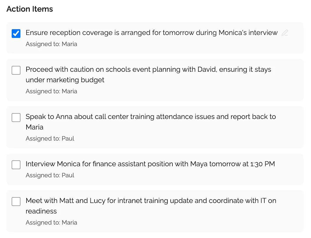 KenzNote action items view showing automatically extracted tasks with speaker attribution