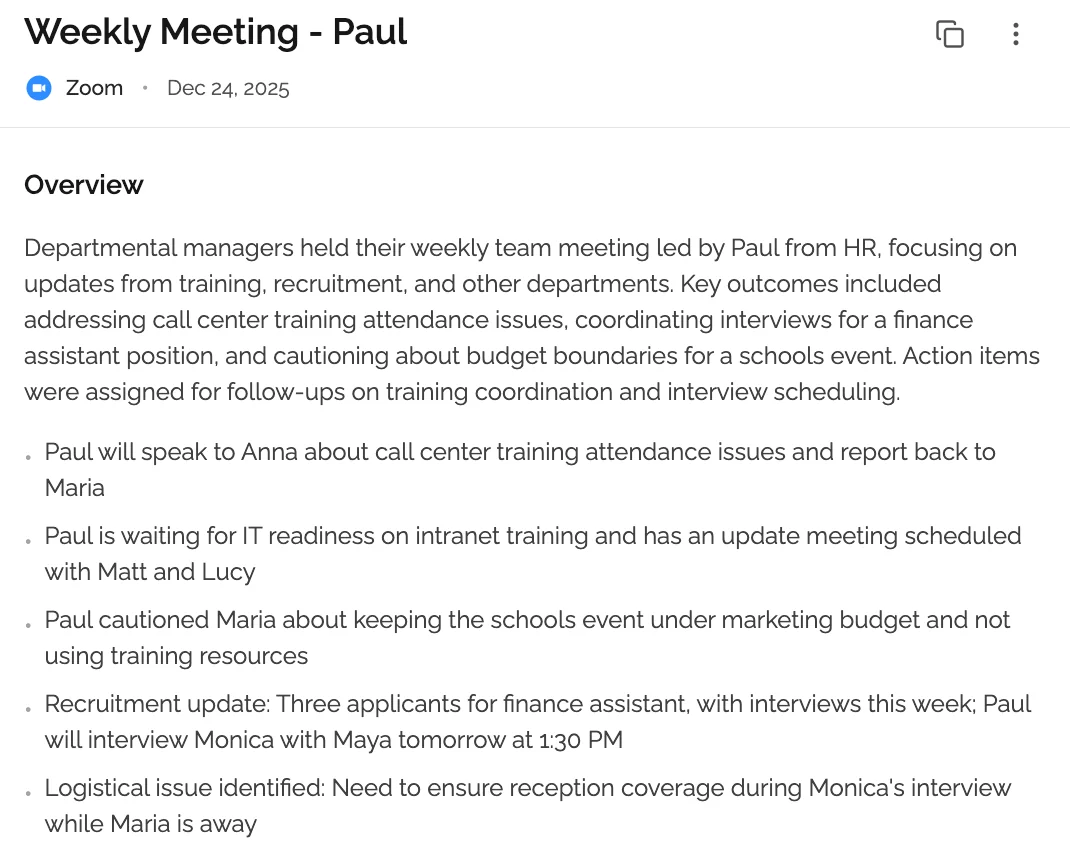 KenzNote AI-generated meeting summary showing overview, key discussion points, and action items with speaker attribution